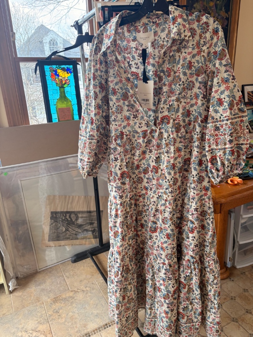 Pomander Place Floral Peasant Boho Country Western Bohemian Dress--Large